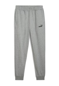 Grå sweatpants lavet af blødt stof, med elastic waistband og manchetter, samt et lille sort Puma-logo på venstre lår.