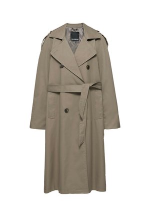 Trench-coat beige croisé avec larges revers, détails de boutons, brides aux épaules, poches latérales et ceinture à la taille.