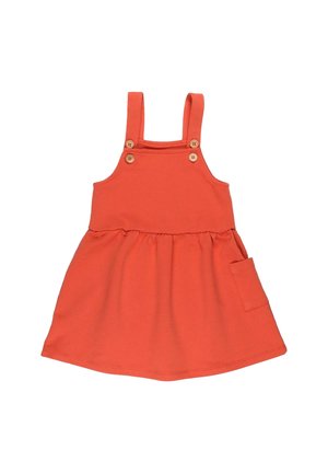 Kleid in Korallenfarbe mit kurzen Ärmeln, gerafftem Rock, verstellbaren Trägern, Holzknöpfen und einer seitlichen Tasche für zusätzlichen Nutzen.