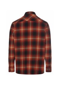 Rode en zwarte geruite flanellen shirt, lange mouwen, klassieke kraag, voorzien van knoopmanchetten en een gestructureerde stof met een contrasterend ruitpatroon.