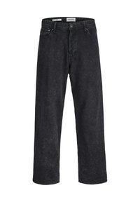 Sorte brede jeans med slidt tekstur, knaplukning, bæltestropper og femlommesdesign.