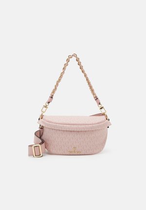 Pink crossbody bag with a curved shape, featuring a logo pattern, gold hardware, and a chain-accented strap. Smooth texture with a zipper closure.