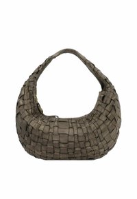 Borsa intrecciata in pelle grigia tenue, forma arrotondata con una maniglia spessa. Superficie testurizzata e motivo a tessitura distintiva.