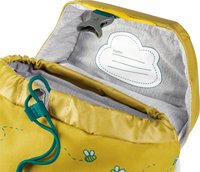 Yellow fabric backpack with a gray interior, featuring a closing mechanism, bees design, and a name label inside.