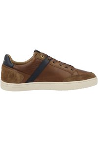 Zapatillas de cuero marrón con acentos en azul marino, parte superior de ante y perforada, suela de goma color crema y cierre con cordones. Presenta punta redonda y detalles cosidos.