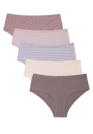 Vijf hipsteronderbroeken voor dames in pasteltinten, met stippen-, strepen- en effen patronen, netjes in een overlappende stapel gerangschikt.
