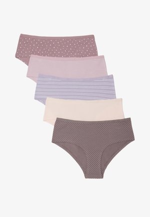 Vijf hipsteronderbroeken voor dames in pasteltinten, met stippen-, strepen- en effen patronen, netjes in een overlappende stapel gerangschikt.