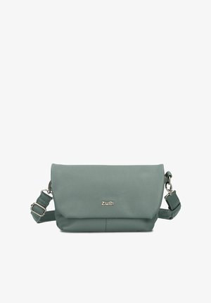 Green leather crossbody bag with a fold-over flap and silver hardware. Features adjustable strap and embossed brand logo on the front.