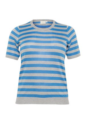 Kurzarm-Pullover mit blauen und silbernen Streifen, Rundhalsausschnitt, weicher Textur und legerem Schnitt. Aus leichtem Material gefertigt.