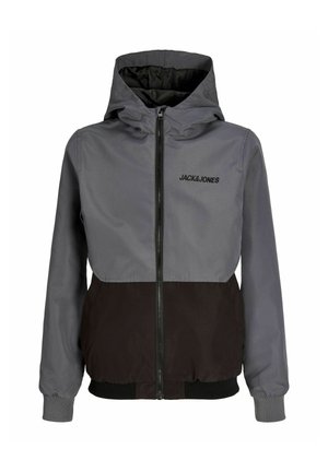 Giacca con cappuccio e zip frontale in blocchi di colore grigio e nero, con logo Jack & Jones sul petto superiore sinistro.