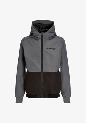 Kapucnis dzseki elől cipzárral, szürke és fekete színblokkal, a Jack & Jones logóval a bal felső mellrészen.