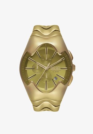 Orologio Diesel con quadrante verde oliva, cassa e bracciale in acciaio inossidabile dorato, design ondulato distintivo e visualizzazione della data alle 6.