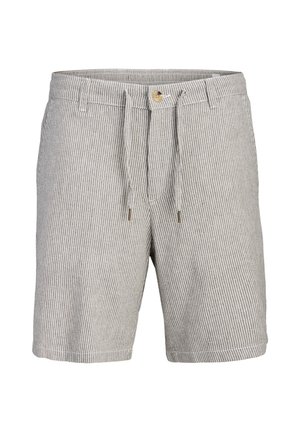 Stripete grå og hvite shorts laget av lett stoff, med justerbar snøring, knappelukking og sidelommer.