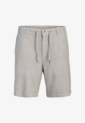 Gestreepte grijs-witte korte broek van lichtgewicht stof, voorzien van een verstelbare trekkoord, knoopsluiting en zijzakken.