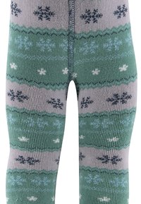 Collants en tricot avec un motif à rayures alternées de vert, gris et bleu, agrémentés de motifs de flocons de neige de différentes couleurs.