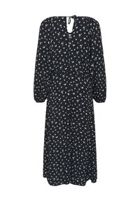 Black floral dress with white flower pattern, long puff sleeves, a keyhole neckline, and a waist tie for adjustable fit. Smooth fabric texture.