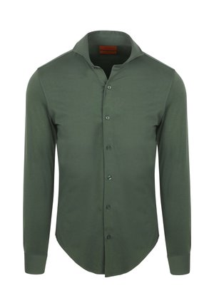 Langarmshirt van donkergroene stof; heeft een kraagloos ontwerp, zeven knopen aan de voorkant en manchetten met een gebogen zoom.