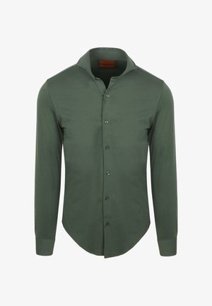 Langärmliges Hemd aus dunkelgrünem Stoff; hat ein kragenloses Design, sieben Knöpfe auf der Vorderseite und Manschettenärmel mit einem abgerundeten Saum.