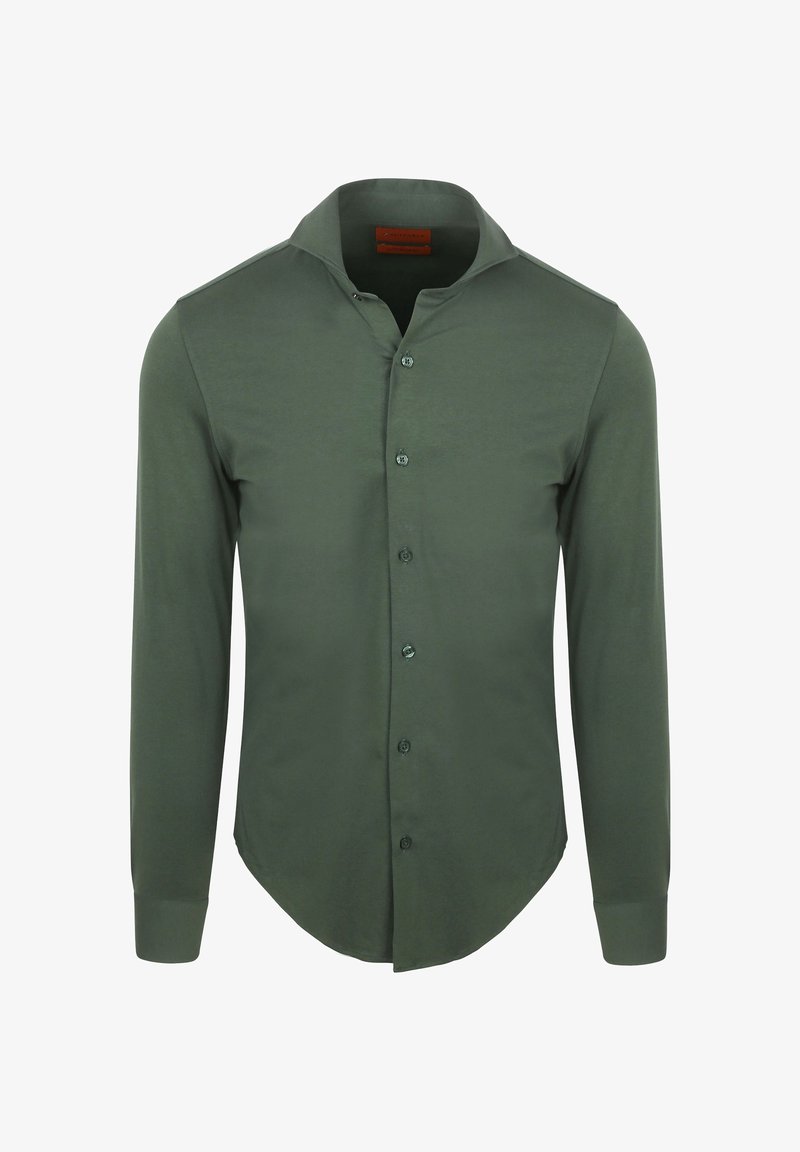 Langarmshirt van donkergroene stof; heeft een kraagloos ontwerp, zeven knopen aan de voorkant en manchetten met een gebogen zoom.