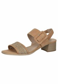 Tan suède sandalen met geweven accenten, open teen, enkelband met een rechthoekige gesp en een korte blokhak.