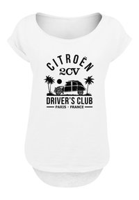 Weißes T-Shirt mit einem Vintage-Grafik des Citroën 2CV, schwarzer Text "DRIVER'S CLUB PARIS FRANCE" mit Palmenakzenten. Weiches, lässiges Design.