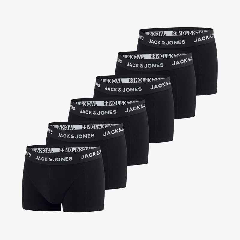 Acht paar zwarte boxershorts met een witte elastische JACK & JONES tailleband, met een gladde textuur en een aansluitend ontwerp.