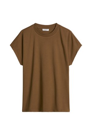 T-shirt marron à manches courtes avec col rond, coupe décontractée, design simple et coutures discrètes le long des bords.