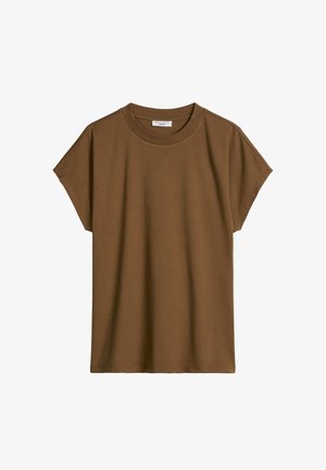 T-shirt marron à manches courtes avec col rond, coupe décontractée, design simple et coutures discrètes le long des bords.