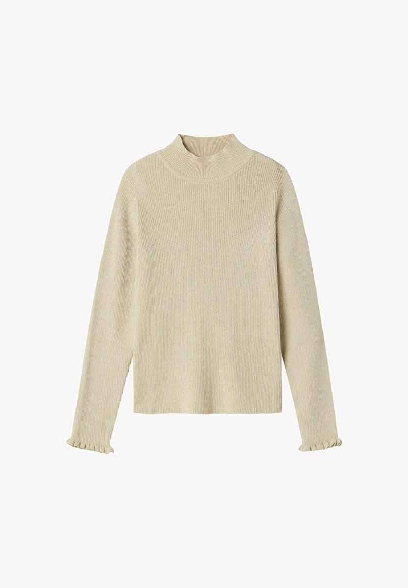 Beige gerippter Rollkragenpullover mit langen Ärmeln. Figurbetontes Design mit Rüschensäumen und subtiler Textur. Weiches, leichtes Material.