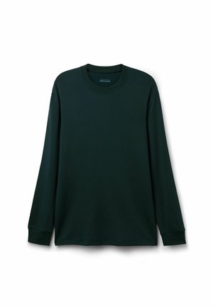 Dark green long-sleeve t-shirt made of soft fabric. Features a round neckline and cuffed sleeves with a simple, unobtrusive design.