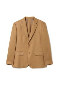Beige Leinenblazer mit Reverskragen, Zwei-Knopf-Verschluss und zwei Fronttaschen. Glatte Textur mit minimalistischem Design.