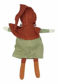 Soft doll with a red fabric hood and cape, green dress, beige arms, and orange legs. Simple design with a textured finish.