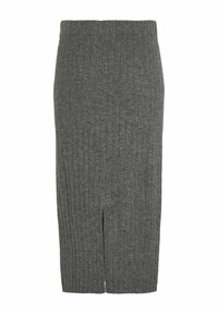 Falda lápiz de punto acanalado gris, de largo medio, con una abertura frontal y textura suave, diseñada para una silueta ajustada.