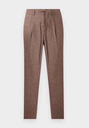 Brown, textured trousers with a herringbone pattern, featuring a drawstring waist and two front pleats. Straight-leg design.