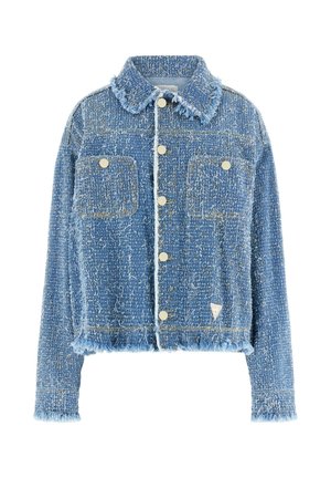 Giacca in denim blu con bordi sfrangiati, due tasche sul petto, bottoni color oro e tessuto testurizzato con accenti di filo oro chiaro.