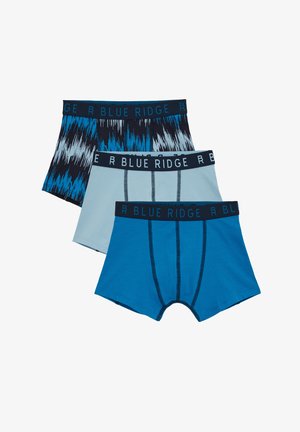 Tri par boxer boksaric v različnih odtenkih modre, z vzorčastim pasom in ravno krojenimi nogavicami s kontrastnimi šivi.
