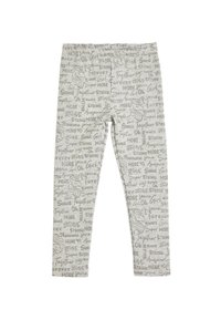 Lys grå leggings med positive ord og doodles af enhjørningehoveder i mørkegrå print.