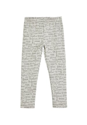 Lys grå leggings med positive ord og doodles af enhjørningehoveder i mørkegrå print.