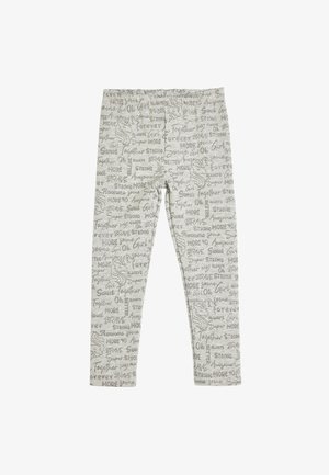 Lichtgrijze leggings met overal positieve woorden en doodles van een eenhoornhoofd in donkergrijze print.