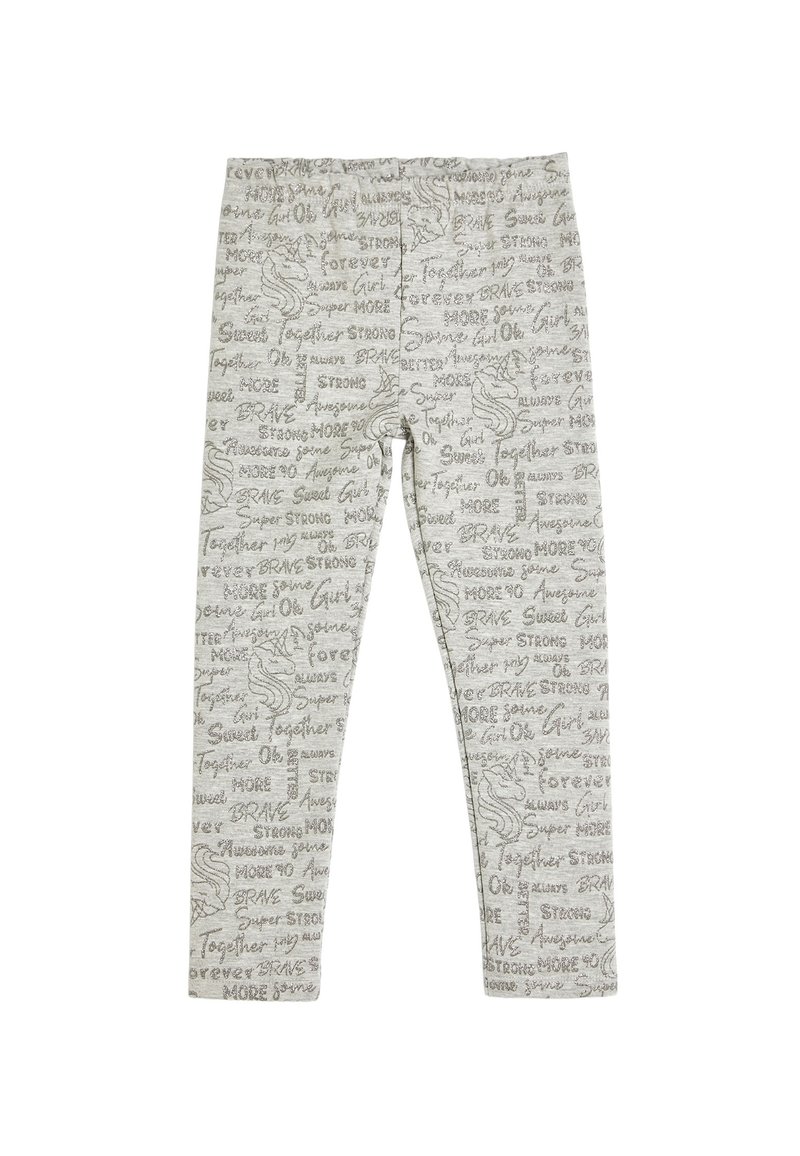 Lys grå leggings med positive ord og doodles af enhjørningehoveder i mørkegrå print.