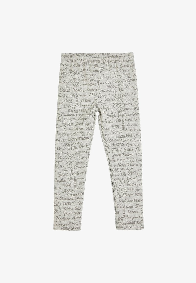 Jasnoszare legginsy z drobnym nadrukiem pozytywnych słów oraz szkicami głów głów jednorożca w ciemnoszarym kolorze.