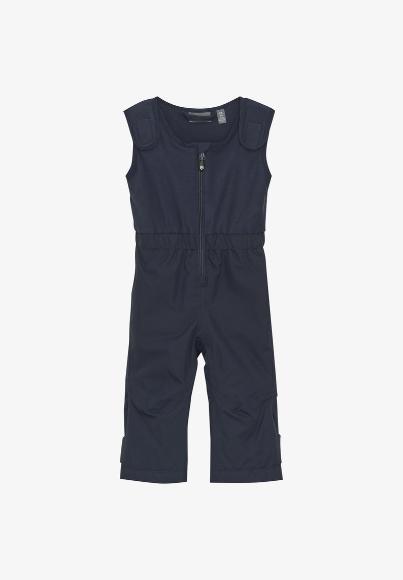 Granatowy bezrękawnik z lekkiego materiału; posiada zamek błyskawiczny z przodu, regulowane ramiączka oraz elastyczny pas i mankiety.