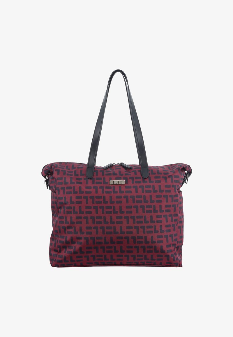 Maroon tote bag with black abstract pattern, black leather handles, and a small rectangular metal logo plate reading "ELLE" on front.
