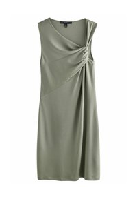 Robe sans manches en vert olive avec un détail en torsion à l'épaule et un tissu drapé, fabriquée en matière douce et extensible.