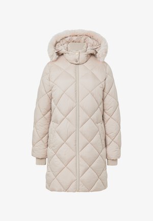 Beige gewatteerde winterjas met een bontgevoerde capuchon, voorzien van een volledige rits aan de voorkant en geribbelde boorden. Het ontwerp bevat diamantenpatronen over het hele jasje.