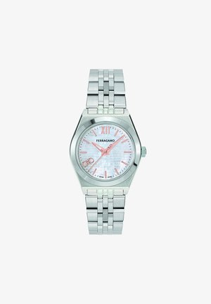 Silberner Edelstahl-Uhr mit achteckigem Gehäuse, Zifferblatt aus weißem Perlmutt, rosa Akzenten und verknüpftem Armband. Markenlogo angezeigt.