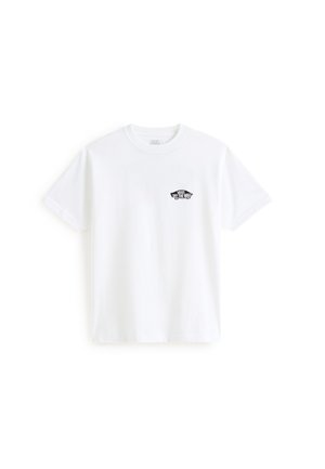 Camiseta blanca de manga corta con cuello redondo y pequeño logo negro de Vans "Off The Wall" en el pecho izquierdo.