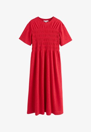 Rochie midi roșie cu mâneci scurte, cu smoc elastic adunat pe piept și decolteu rotund.