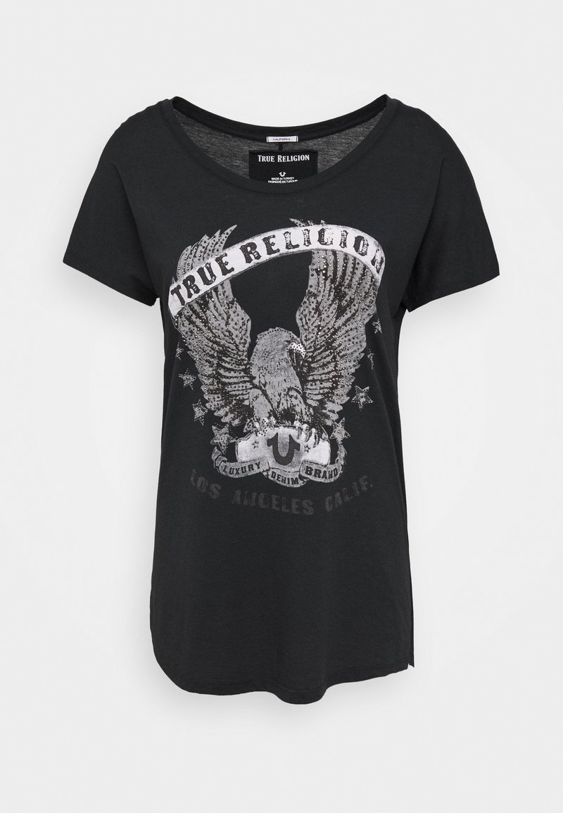 Svart bomulls t-shirt med rundad halsringning som har en grafisk bild av en örn, stjärnor och texten "True Religion" i en sliten stil.