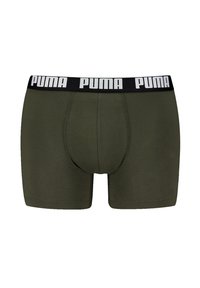Olivengrønne boxertruser med en sort elastik med hvid "PUMA" logo. Lavet af blødt stof med en tætsiddende pasform.